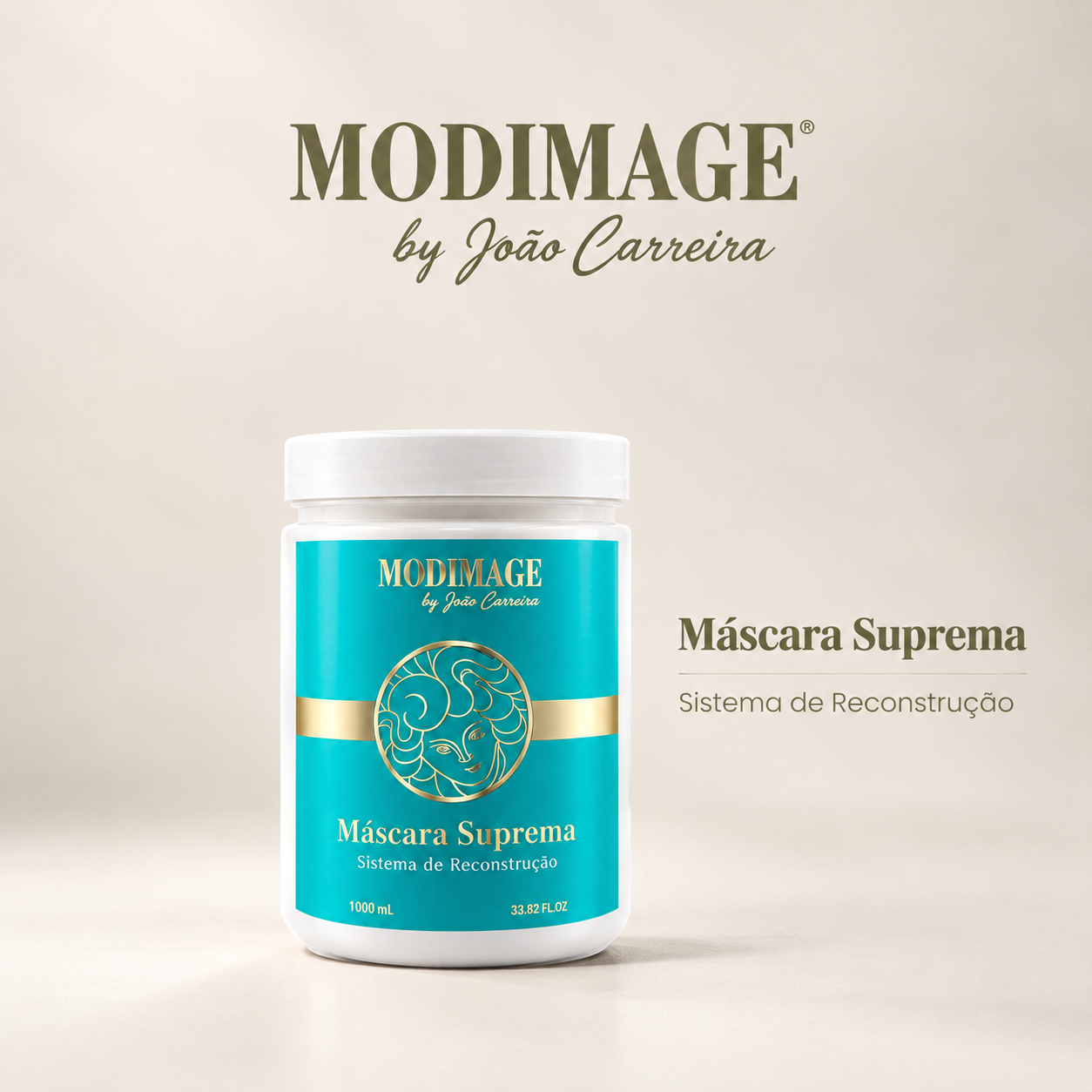 Máscara Suprema Frasco branco com máscara capilar azul e detalhes dourados.