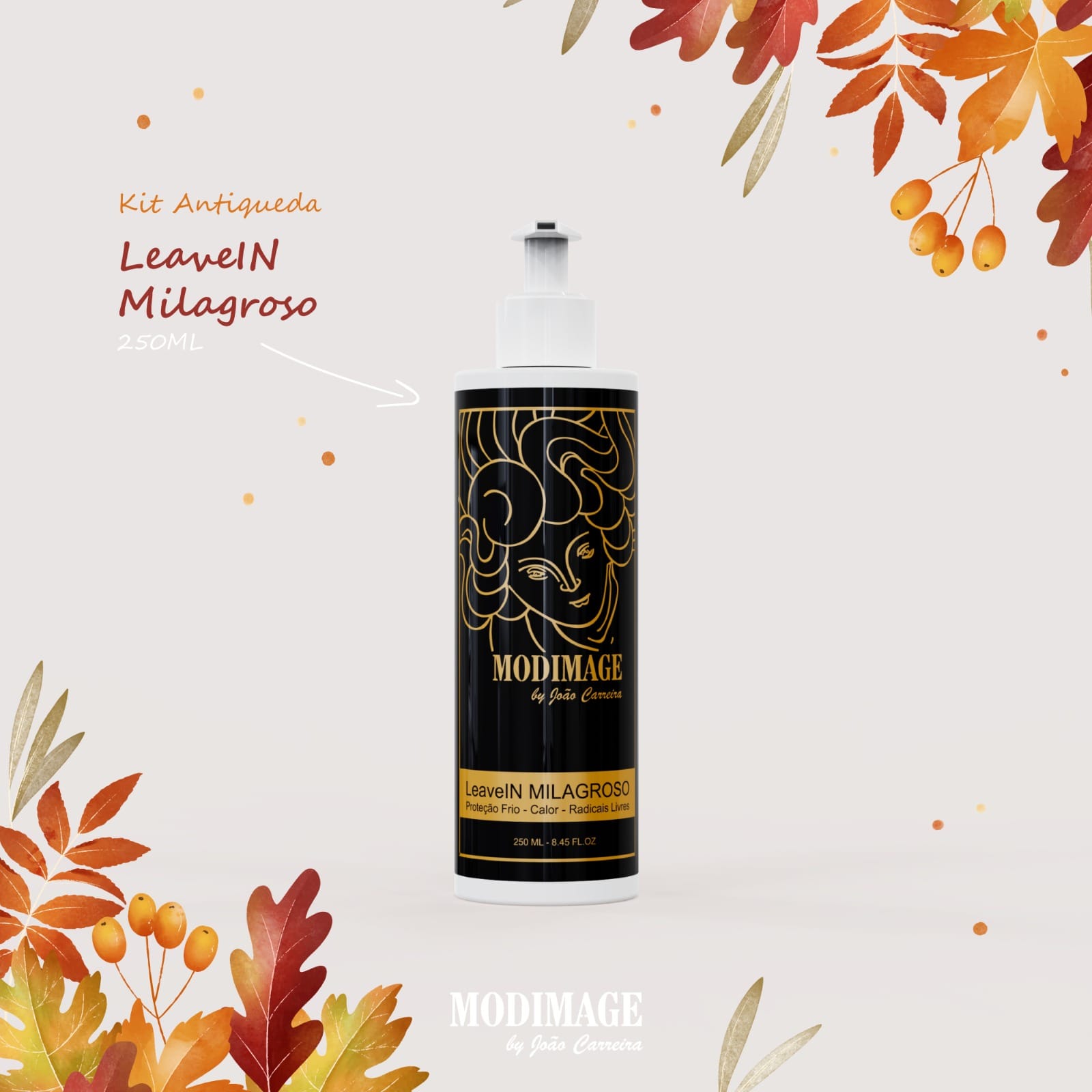 Leave In Milagroso Frasco de leave-in Milagroso da marca Modimage, decorado com motivos dourados e fundo preto, rodeado por folhas de outono coloridas