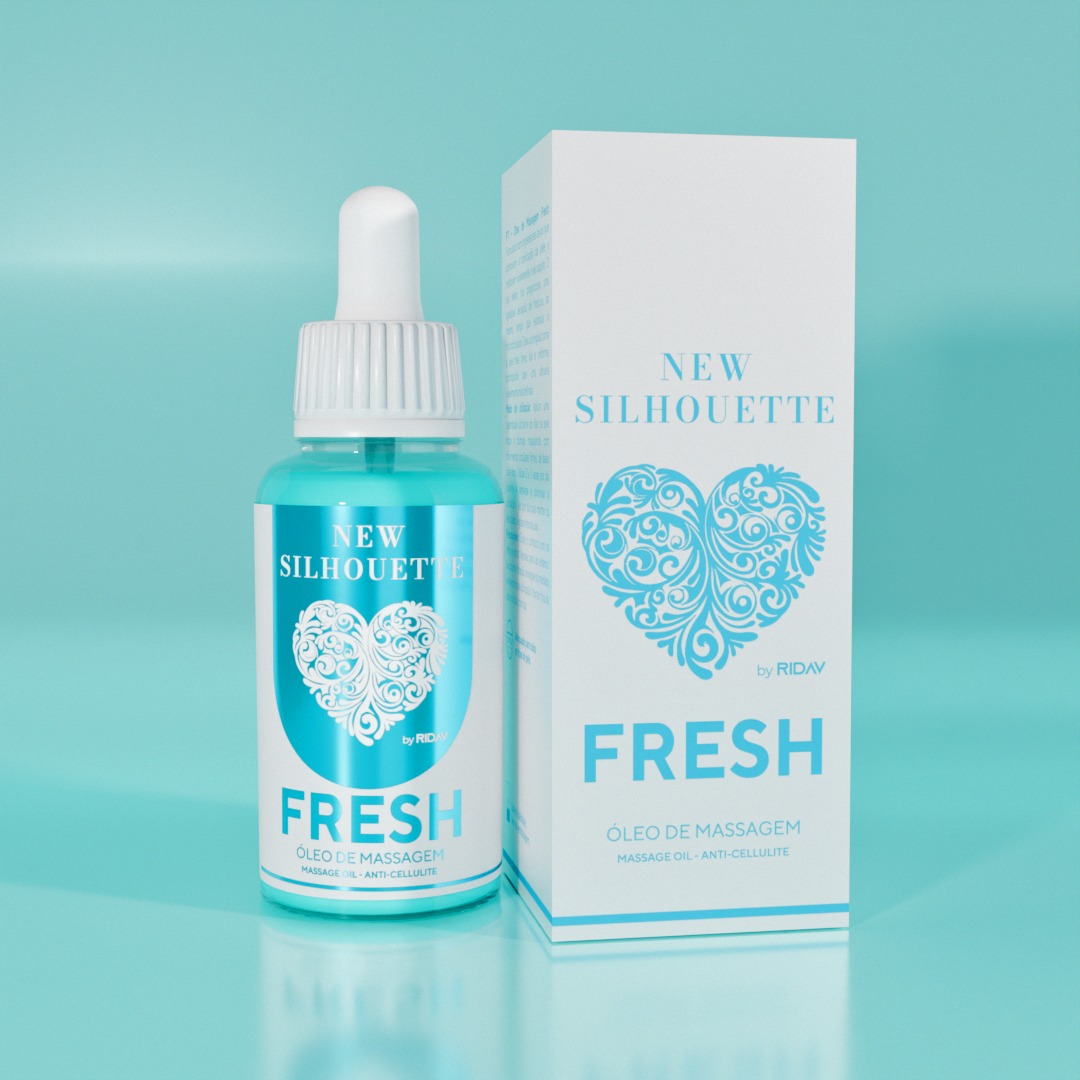 New Silhouette Fresh Óleo de Massagem Frasco azul de óleo de massagem Fresh com conta-gotas e embalagem branca com texto azul