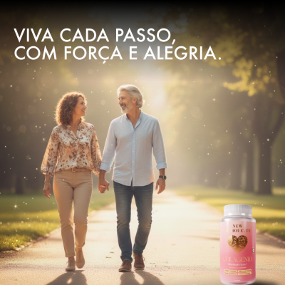 Casal a caminhar numa alameda com frasco rosa de suplemento COLAGÉNIO New Silhouette visível.