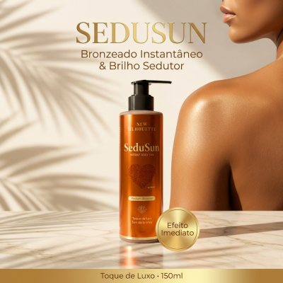 Frasco laranja com pump preto de bronzeador instantâneo SeduSun junto ao ombro bronzeado de uma pessoa.