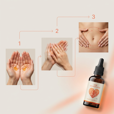 Passos aplicando produto em óleo para massagem e frasco com rótulo NEW SILHOUETTE