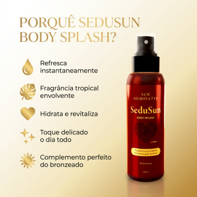 Frasco vermelho de body splash SeduSun com tampa spray preta e texto em dourado e amarelo num fundo bege.