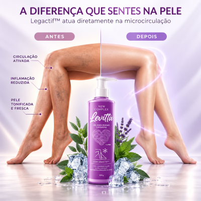 Antes e depois das pernas mostrando efeito do gel Levitta para pernas cansadas