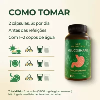 Frasco verde de suplemento Glucosshape com ilustração de estômago e instruções de uso em português.