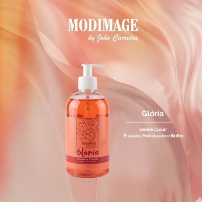Frasco de gelatina capilar Glória da marca MODIMAGE sobre fundo rosa