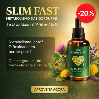 Frasco de suplemento Slim Fast com rótulo verde e fundo com flores e texto promocional em português