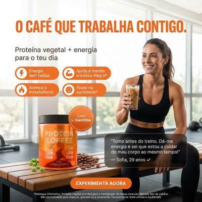 Suplemento PROTEIN COFFEE em embalagem laranja e preta, com mulher a beber num ginásio moderno