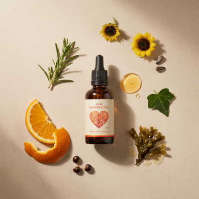 Frasco de vidro com conta-gotas e ingredientes naturais ao lado