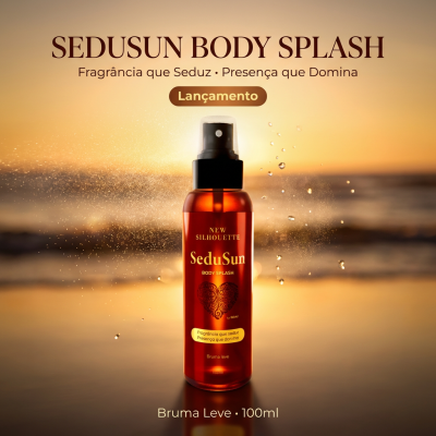 Frasco de spray corporal SeduSun âmbar com tampa preta e texto dourado com fundo de pôr do sol na praia