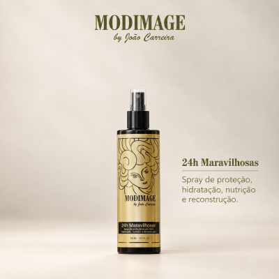 Frasco de spray dourado com tampa preta transparente e design de rosto com texto MODIMAGE e 24h Maravilhosas