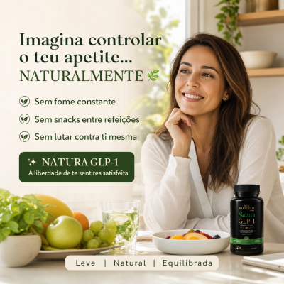 Mulher sorridente com suplemento Natura GLP-1 e frutas numa mesa clara