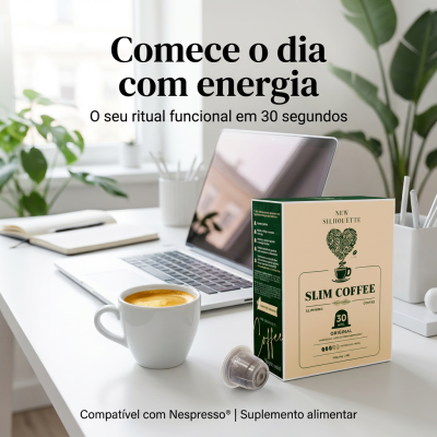 Caixa de cápsulas de café Slim Coffee ao lado de chávena com café e portátil em escritório