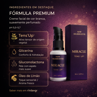 Produto creme facial Miracle TensUp da New Silhouette com embalagem roxa e texto dourado