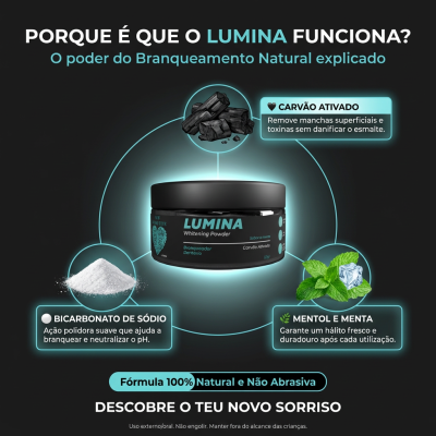 Frasco preto de branqueador dentário em pó LUMINA com ingredientes carvão ativado, bicarbonato de sódio e mentol e menta, texto explicativo em fundo preto.