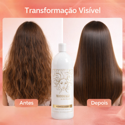Antes e depois de cabelo castanho com embalagem shampoo MODIMAGE no centro