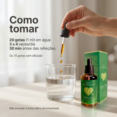 Frasco verde com conta-gotas e embalagem ao lado, mão a colocar gotas num copo de água.