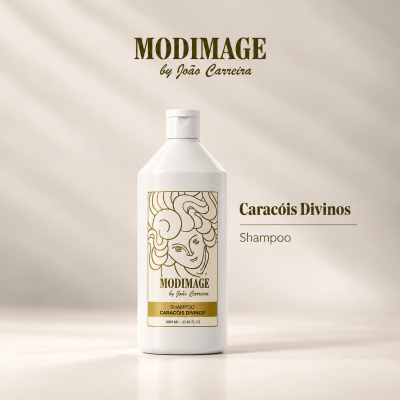 Frasco branco de shampoo Modimage Caracóis Divinos com rótulo dourado e ilustração abstrata