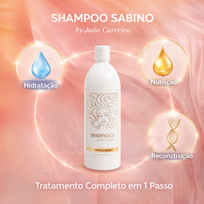 Frasco branco de shampoo MODIMAGE by João Carreira com fundo laranja e rosa e ícones de hidratação, nutrição e reconstrução
