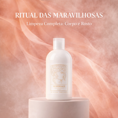 Frasco branco de gel de banho corpo e rosto Modimage sobre pedestal cor de rosa com fundo cor de rosa