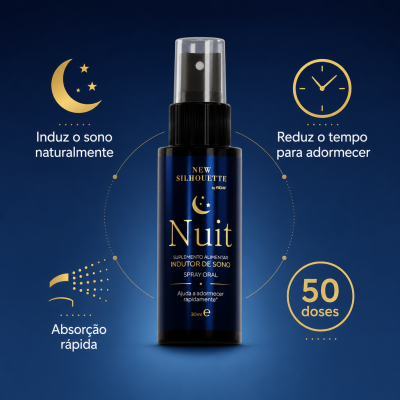 Frasco de spray oral indutor de sono Nuit azul com texto e ícones dourados e brancos num fundo azul