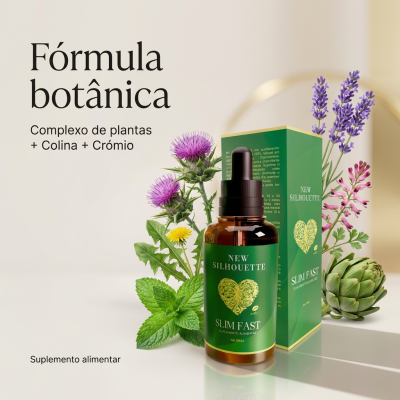 Frasco de suplemento alimentar Slim Fast com rótulo verde e caixa ao lado, rodeado por plantas naturais