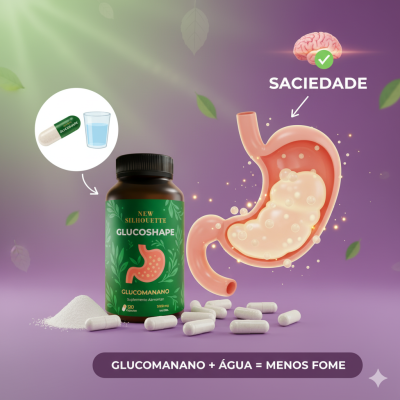 Suplemento alimentar GLUCOSHAPE glucomanano com cápsulas brancas e ilustração de estômago para efeito de saciedade
