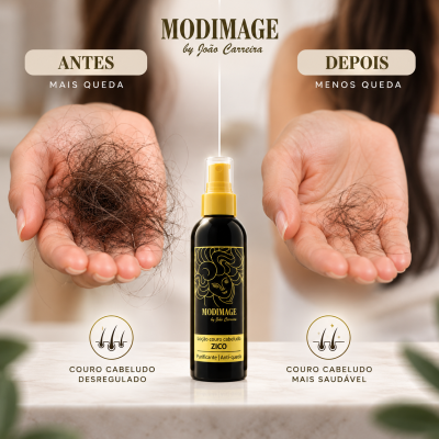 Frasco de loção para couro cabeludo ZICO da MODIMAGE entre mãos femininas com queda de cabelo antes e depois
