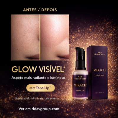 Frasco e caixa de cosmético Miracle TensUp em fundo com brilhos dourados e comparativo antes e depois de pele visivelmente mais luminosa