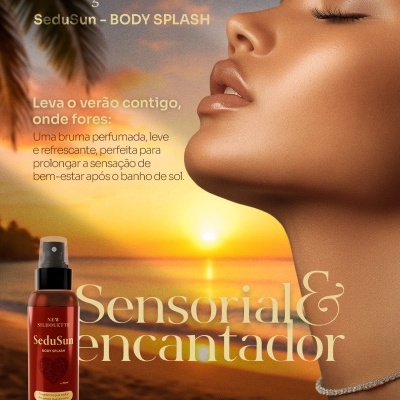 Produto body splash SeduSun em frasco castanho com spray, fundo praia pôr do sol, mulher bronzeada vista de perfil