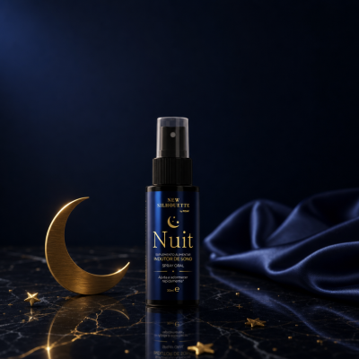 Frasco de spray oral azul escuro com rótulo dourado e decoração temática de noite