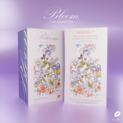 Embalagem de perfume Bloom New Silhouette com ilustrações florais coloridas
