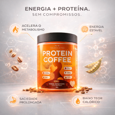 Frasco de proteína em pó sabor café com texto em português e elementos gráficos associados a benefícios nutricionais
