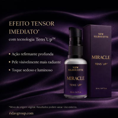 Frasco e caixa do produto cosmético Miracle Tens Up em fundo roxo acetinado com texto em português.