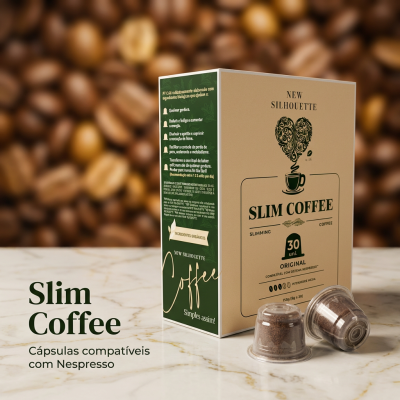 Caixa de cápsulas de café Slim Coffee compatíveis com Nespresso ao lado de duas cápsulas transparentes