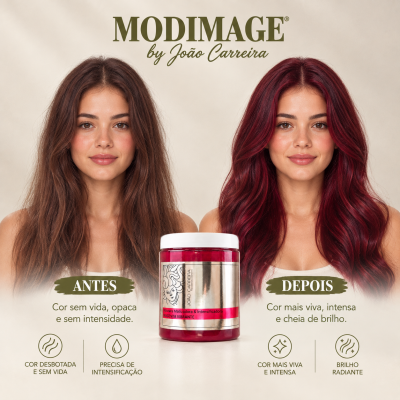 Antes e depois de cabelo tratado com máscara matizadora e intensificadora cor magenta vibrante