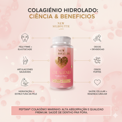 Frasco rosa de colagénio hidrolisado com texto dourado e branco e ícones de benefícios