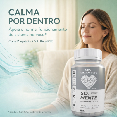 Frasco de suplemento alimentar cinza com tampa branca, texto em português e mulher relaxada ao fundo