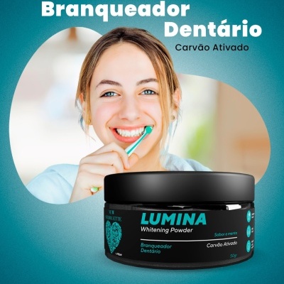 Recipiente de branqueador dentário Lumina e mulher a escovar dentes