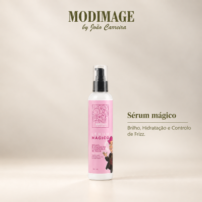 Frasco de sérum mágico MODIMAGE com rótulo rosa sobre fundo neutro