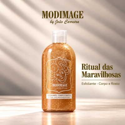 Frasco dourado de esfoliante corporal e facial Modimage com design estilizado e texto em fundo neutro