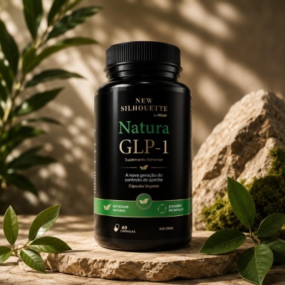 Frasco preto de suplemento alimentar Natura GLP-1 com rótulo verde e dourado, sobre pedra com folhas verdes ao redor.