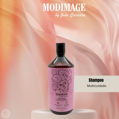 Frasco de shampoo Multicuidado MODIMAGE com etiqueta rosa e ilustração de rosto.