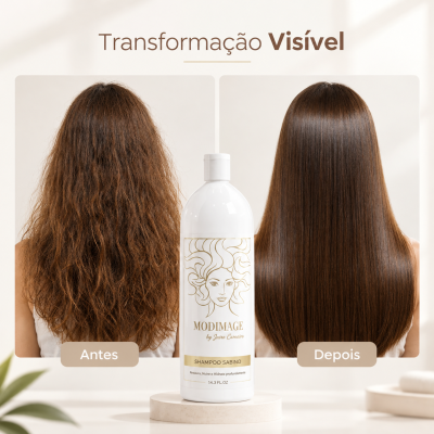 Antes e depois de cabelo com shampoo Modimage