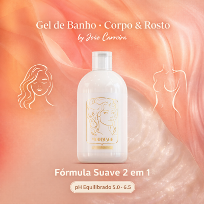 Frasco branco de gel de banho corpo e rosto com rótulo dourado e fundo rosa com tecidos e desenhos de linhas femininas
