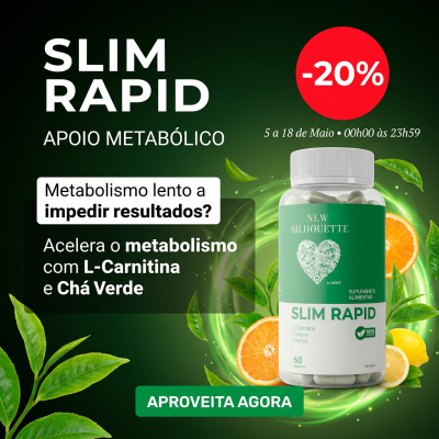 frasco de suplemento alimentar Slim Rapid com folhas e frutas cítricas em fundo verde