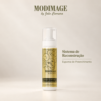 Frasco branco com rótulo dourado e preto de espuma capilar MODIMAGE