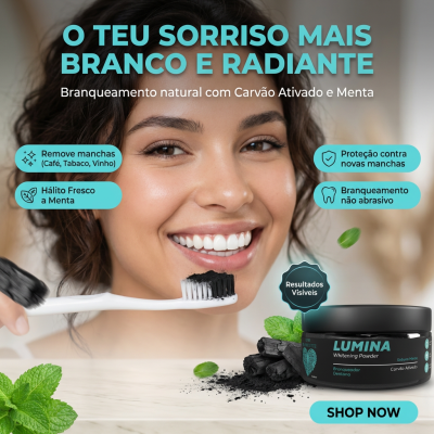 Embalagem de pó branqueador dentário Lumina com carvão ativado e menta ao lado de mulher sorridente