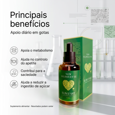 Frasco de suplemento alimentar Slim Fast com rótulo verde e dourado e embalagem correspondente