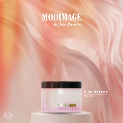 Frasco de máscara cosmética rosa com tampa preta e fundo rosa e laranja